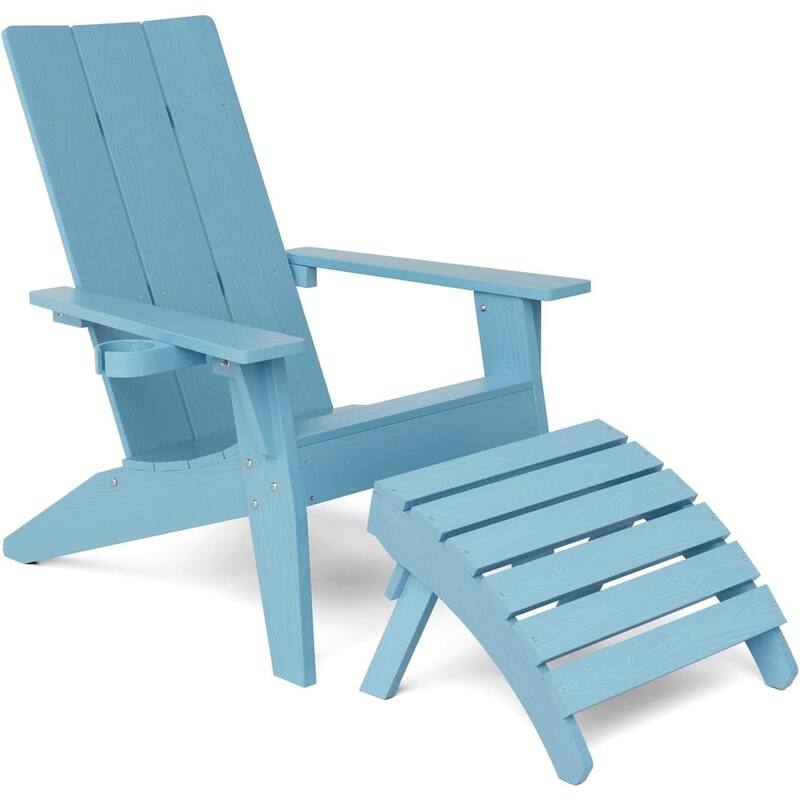 WINSOON 2-Piece All Weather HIPS Outdoor Adirondack Chair with Cup-Holder and Ottoman - Baby Blue