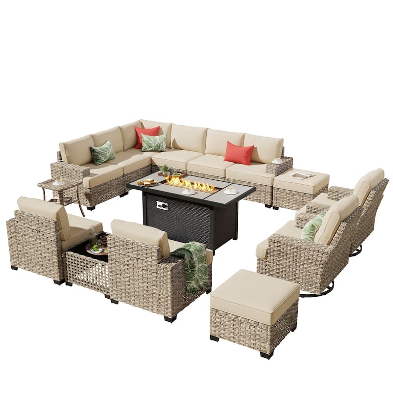 HOOOWOOO 15-piece Outdoor Sofa Patio Wicker Furniture Sectional Set with 54" Fire Pit Table
