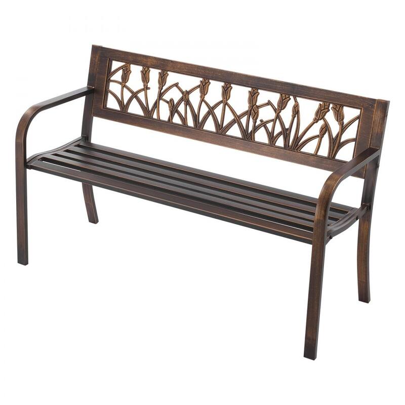 50 Inch Antique Bronze Outdoor Patio Bench with Steel Frame and Floral PVC Backrest for 2-3 People - 50” x 20.5” x 30.3”