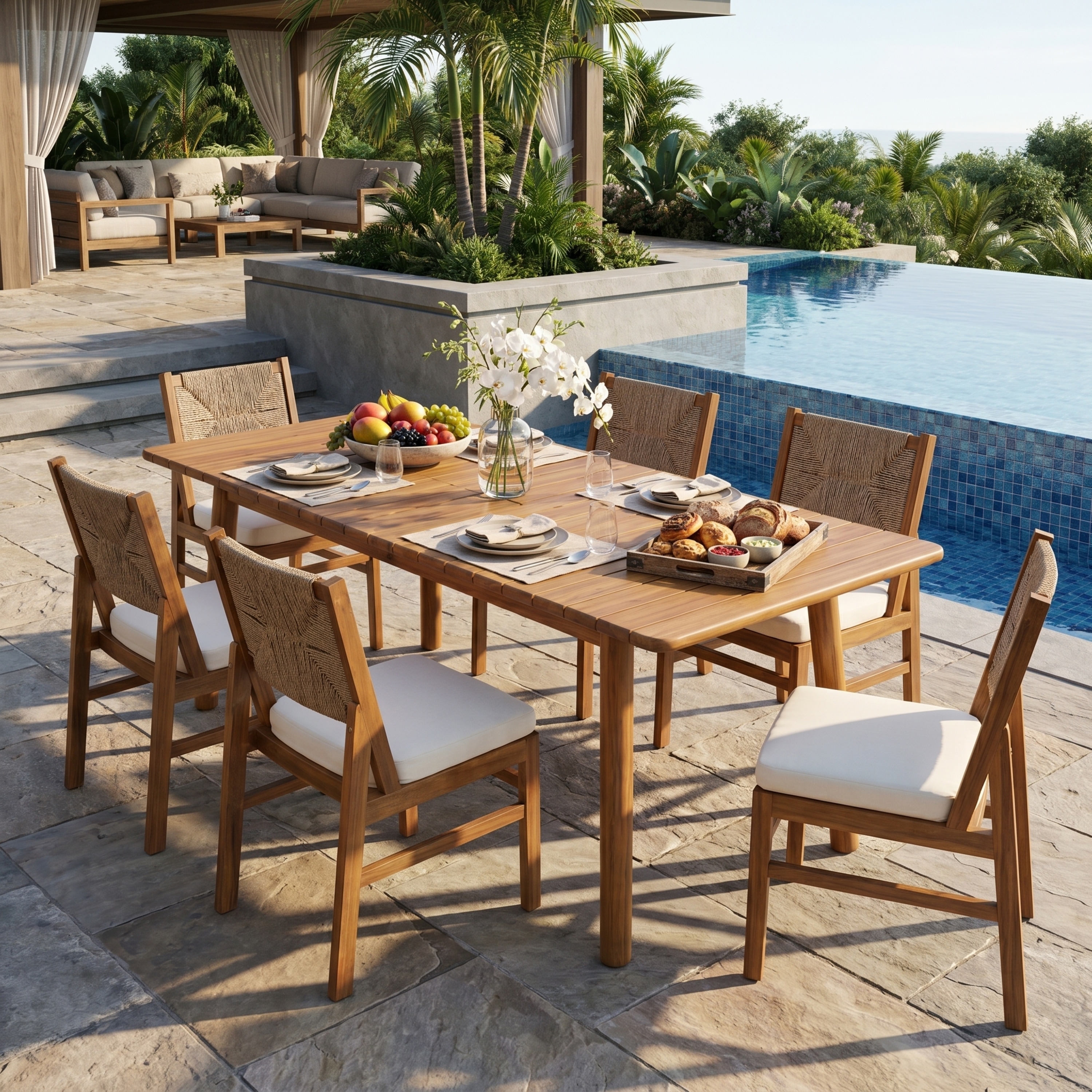 Christopher Knight Home - Pienza 7-Piece Outdoor Dining Set, Expandable Acacia Wood Table & Wicker Cushioned Armless Chairs