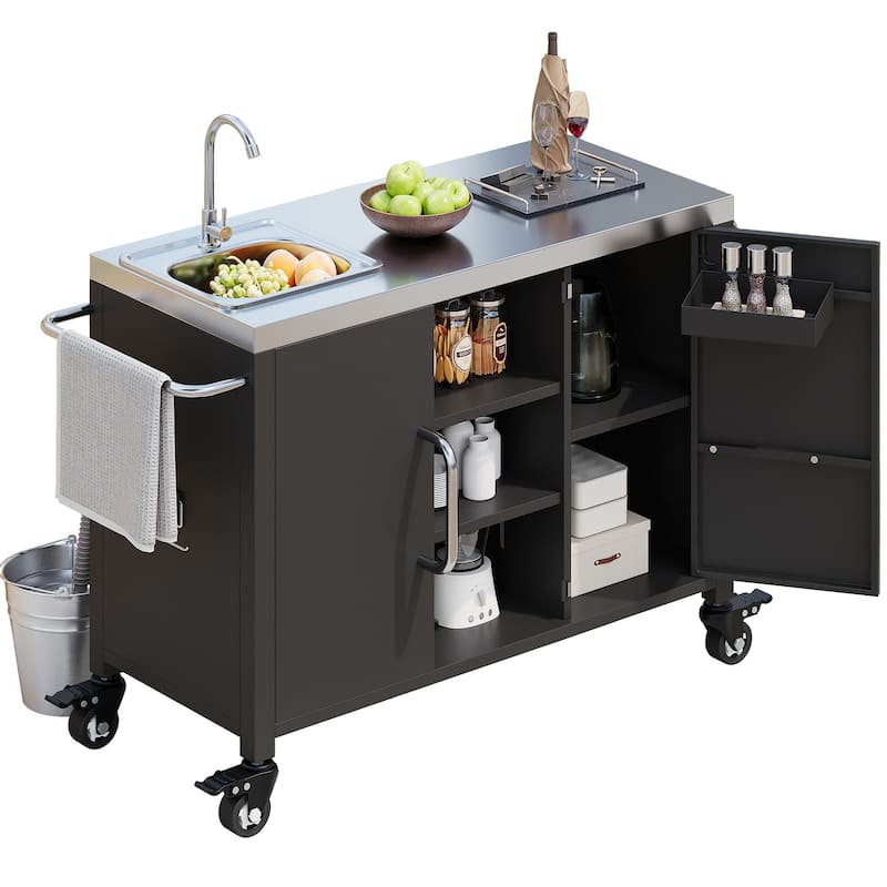 Metal Tabletop Kitchen Island with Stainless Steel Sink, Built-in Partition and Rolling Grill Cart, Pantry Storage Cabinet
