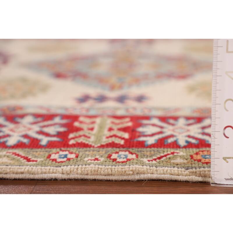 Geometric Ivory Kazak Oriental Accent Rug Hand-Knotted Wool Carpet - 3'5"x 4'11"