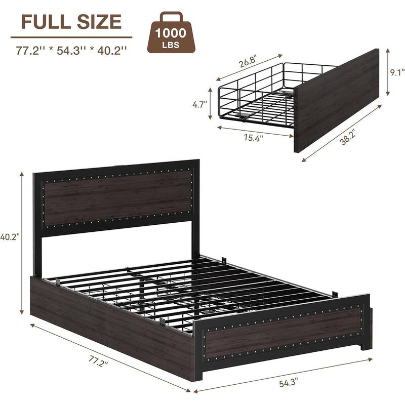 Platform Bed with Headboard, 4 Storage Drawers & Charging Station, Rivet Detail, Metal Slats, Gray