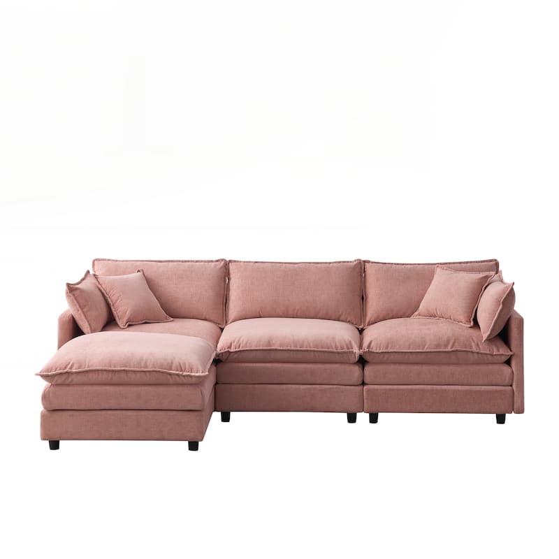 Upholstered Soft Chenille Fabric Sofa,3 Seater with Ottoman L Shape Sofa - Pink