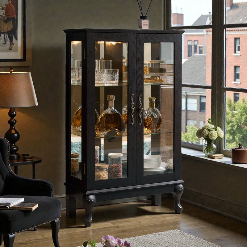 Lighted Curio Cabinet with Tempered Glass Doors, Vintage Display Cabinet with Mirrored Back and Adjustable Shelves
