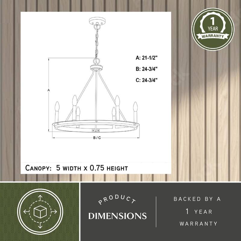 Russel 6 Light Matte Black and Weathered Gray Farmhouse Candle Wheel Chandelier - 24.75-in W x 21.5-in H x 24.75-in D