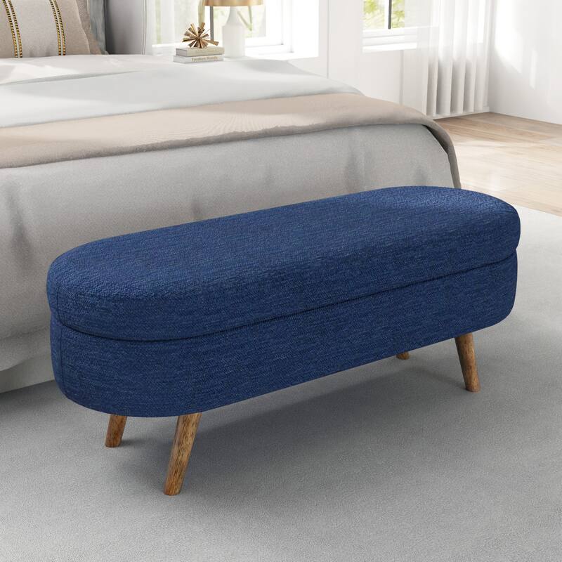 Roomfitters Oval Upholstered Storage Ottoman Bench with Rubber Wood Legs, Modern Entryway or Bedroom Seat - Blue
