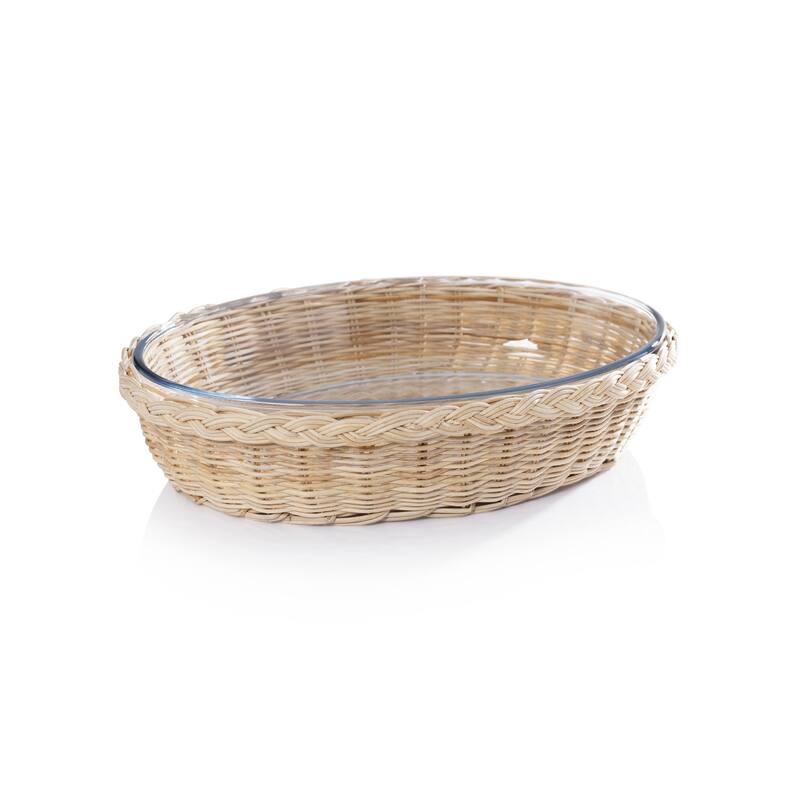 The Palmier Oval Pyrex in Rattan Basket - 14.5" x 10.25" x 3.25"