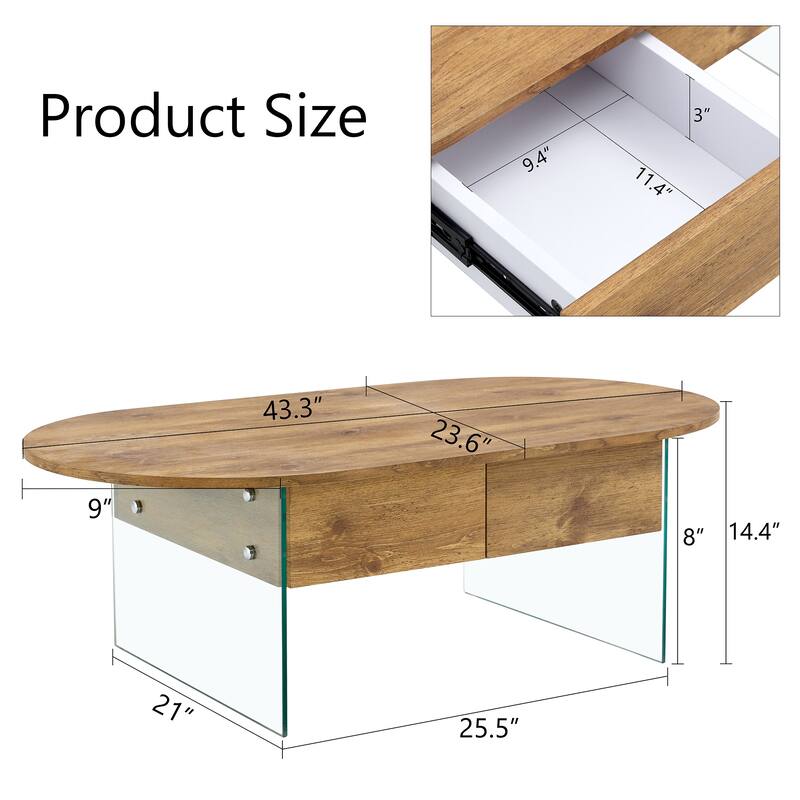 Coffee Table with Double Drawers Rectangular Side Table with Glass Frame Wooden Center Table Storage Coffee Table