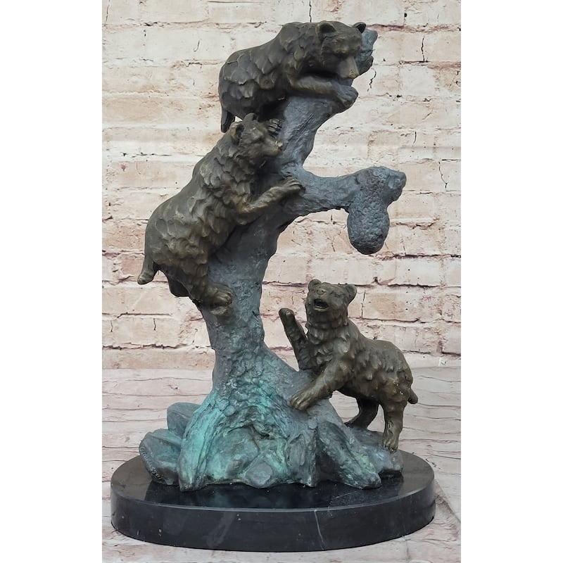 Bear Family Looking For Honey In A Tree - Bronze Sculpture Decor On Marble Base