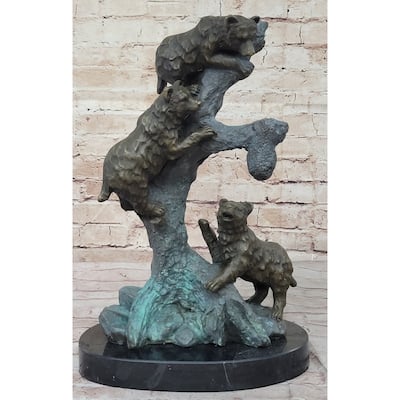 Bear Family Looking For Honey In A Tree - Bronze Sculpture Decor On Marble Base