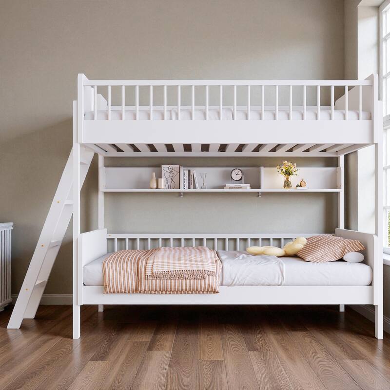 Twin over Twin Wooden Bunk Bed with 3 Storage Shelves, Reversible Ladder, Safety Guardrails and No Box Spring Needed