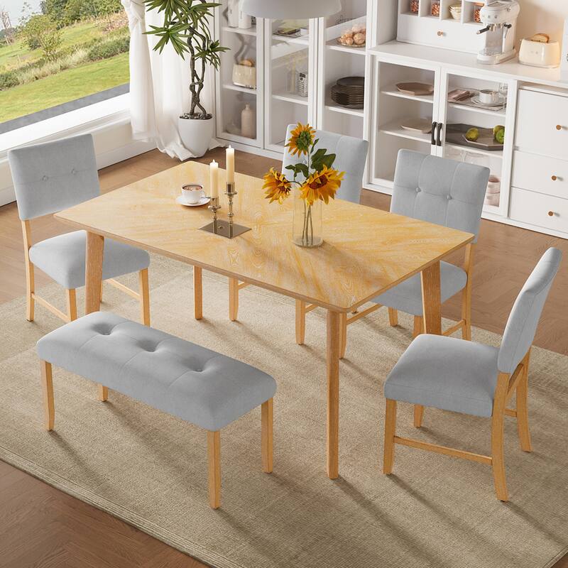 6 Piece Dining Room Table Set, with 4 Upholstered Chairs and Bench, Solid Wood Kitchen Dining Table Set for 6 Persons