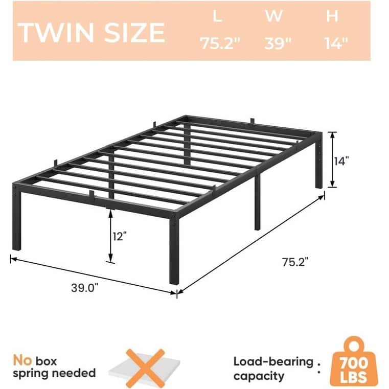 14 Inch Heavy Duty Metal Bed Frame,Stable Support for Up to 800 lbs