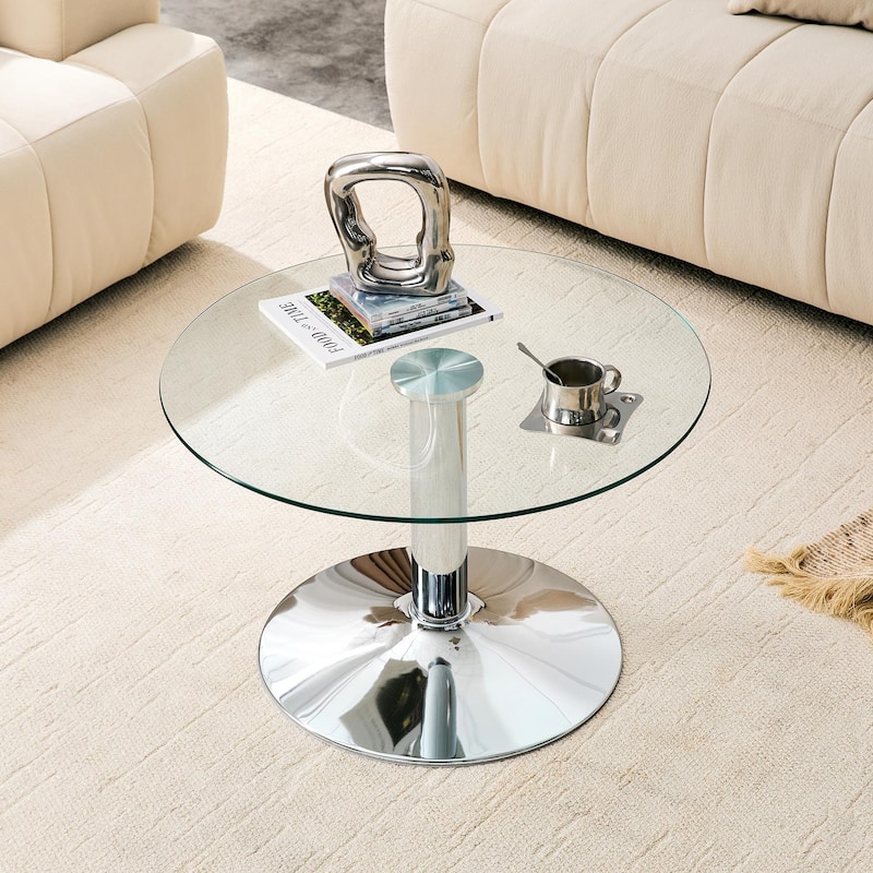 Roomfitters 27.5-Inch Round Tempered Glass Coffee Table, Metal Base, Circular Center Table, Modern Minimalist