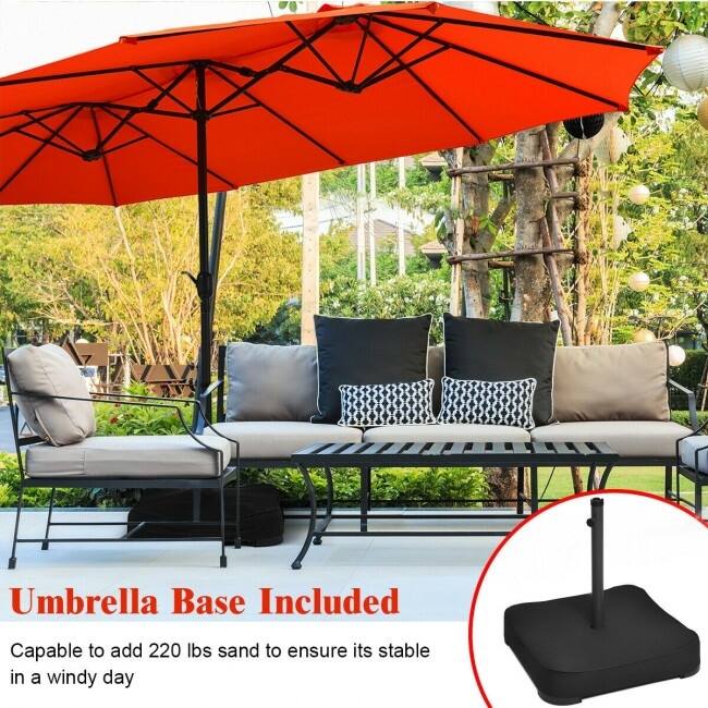 15 Foot Extra Large Patio Double Sided Umbrella with Crank and Base - 15' x 8' (W x H)