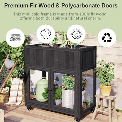 Mini Wooden Cold Frame, Compact 2 Doors Greenhouse with Raised Bed and Wheels, Outdoor Wood Planter with Drainage