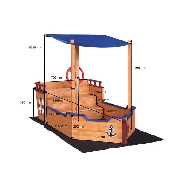 dimension image slide 1 of 2, Pirate Ship Sandbox with Cover and Rudder, Wooden Sandbox with Storage Bench and Seat, Outdoor Toy for Kids Ages 3-8 Years Old