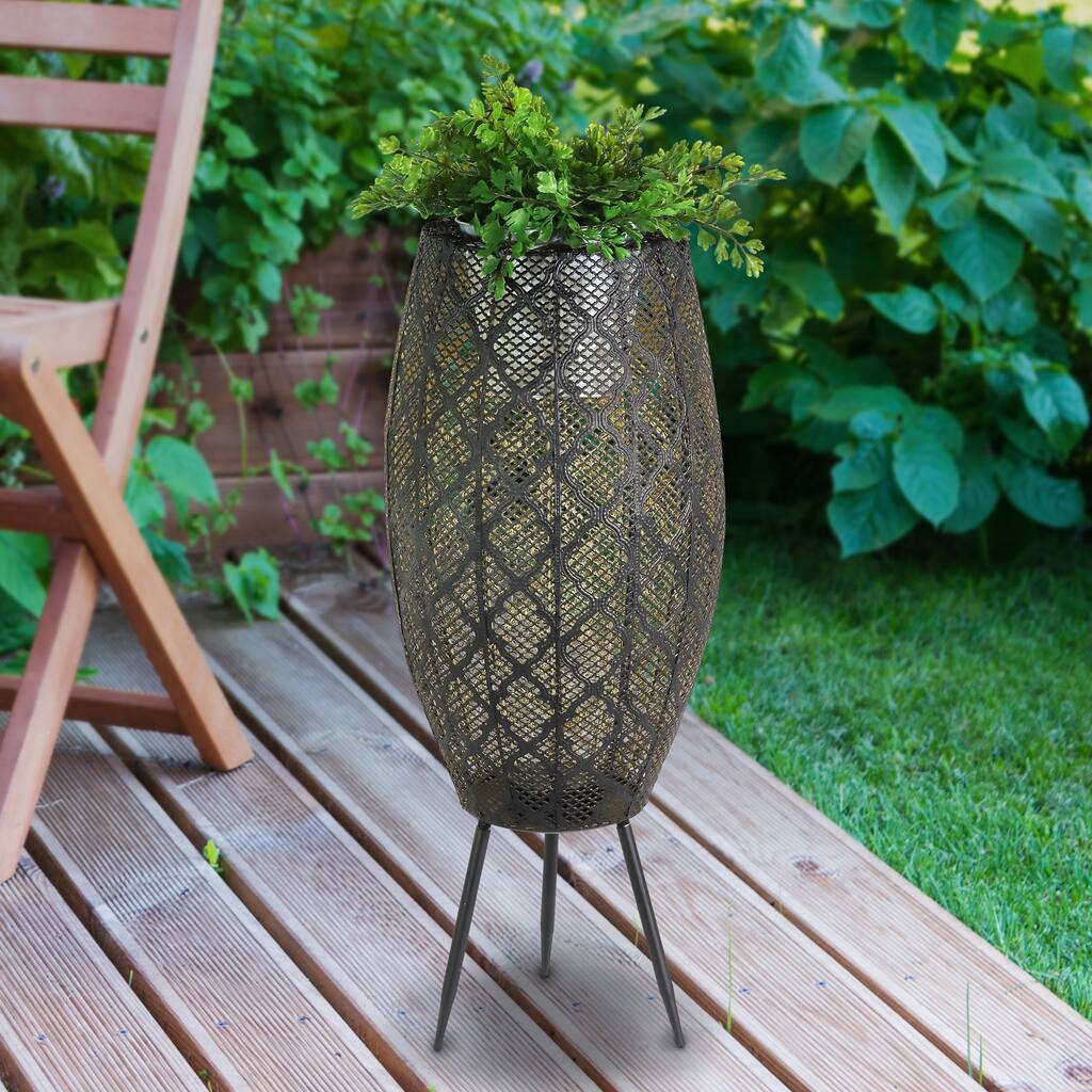 Exhart Black Metal Filigree Planter with 30 LED lights on a Battery Operated Timer, 27 Inches tall