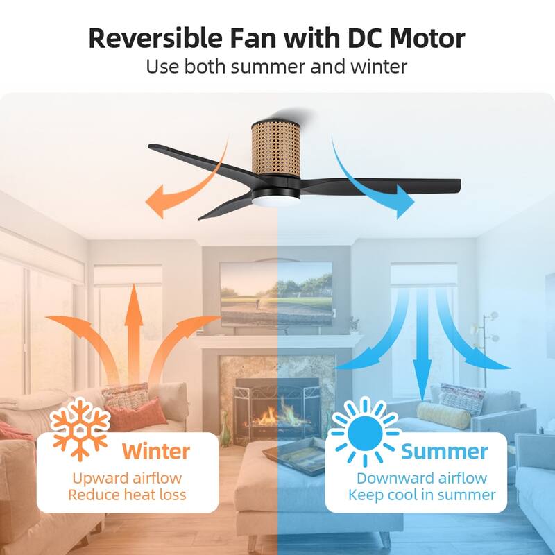 MLiAN 52 In. 3 Solid Wood Blades Flush Mount Ceiling Fan with Light Kit - 52"