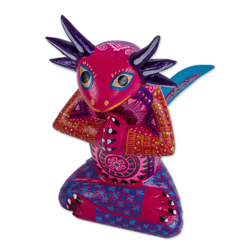 Novica Handmade Lotus Axolotl Wood Alebrije Figurine