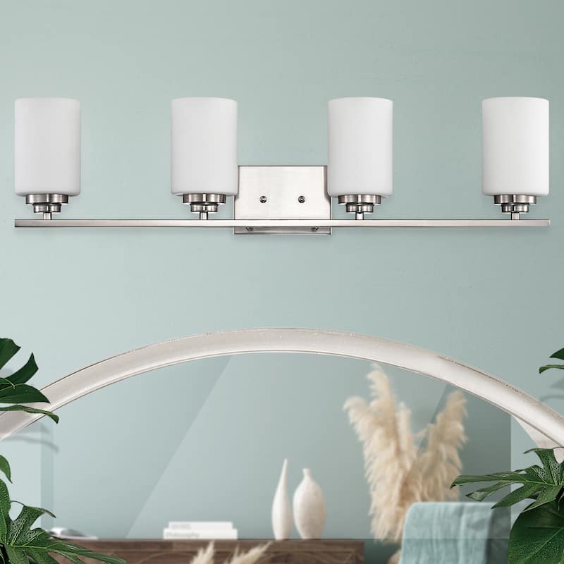 Brushed Nickel 4-Light Vanity Lights with White Etched Glass Shades