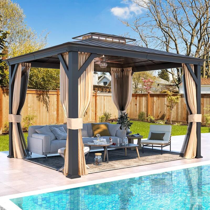 Erommy Pro Series Outdoor Galvanized Steel Roof Gazebo Pergola w/ Aluminum Frame & Vertical Rain Cutter - 10'x12' - Aluminum Frame