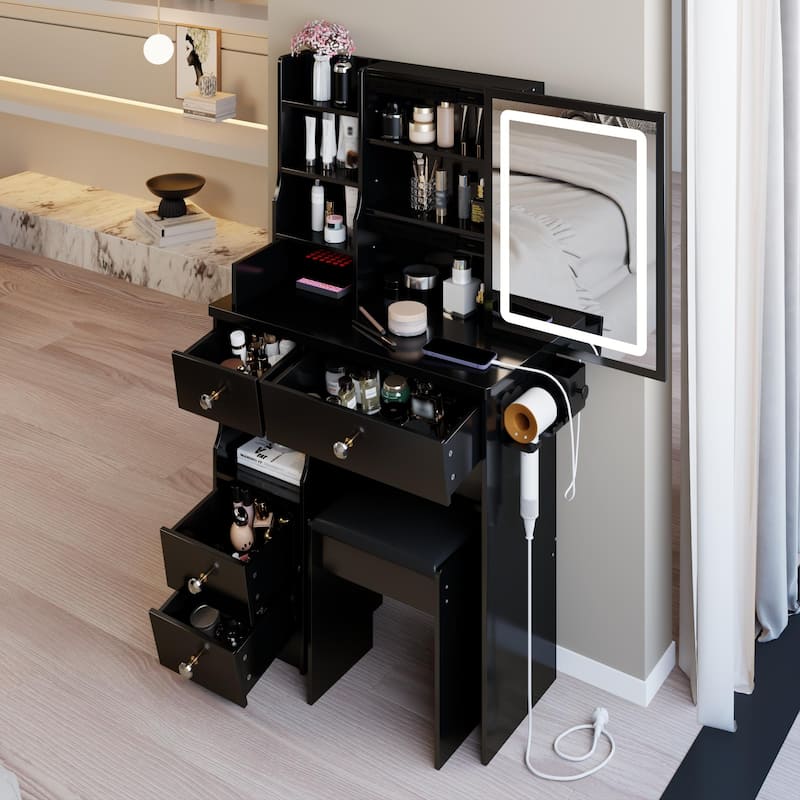 29.2"Small Size Drawer Desktop Vanity Table+Cushioned Stool,2 AC+2 USB Power Station,Hair dryer bracket,Touch Control LED Mirror