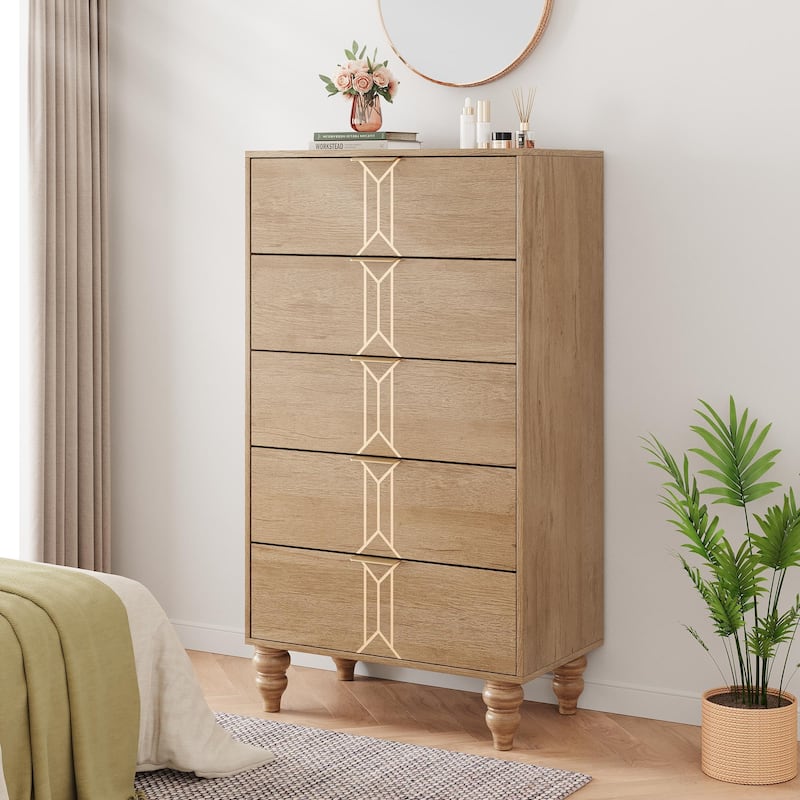Modern Wooden 5/6 Drawer Dresser with Vintage Pattern Design - Oak+Gold_5-drawer - 5-drawer