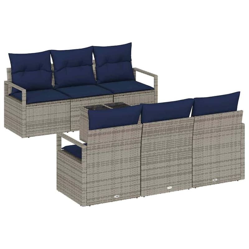 vidaXL 7 Garden Sofa Set with Cushions Black/Brown/Grey Poly Rattan - 68.9 x 24.4 x 27.2