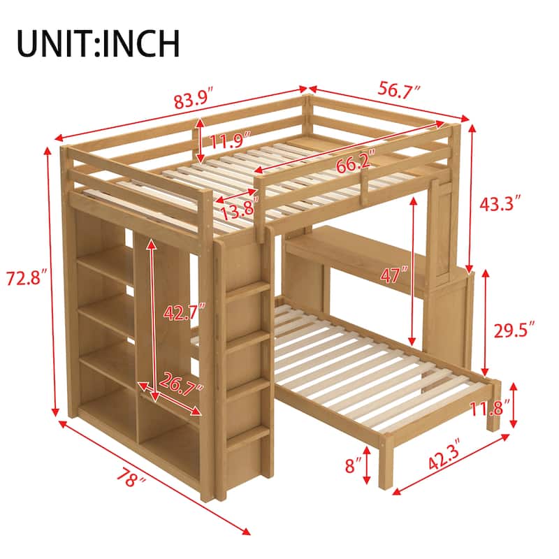 Full over Twin Bunk Bed with Dismountable Lower Bed and Desk, Solid Wood Bunk Beds Frame with Built-in Shelves and Wardrobe