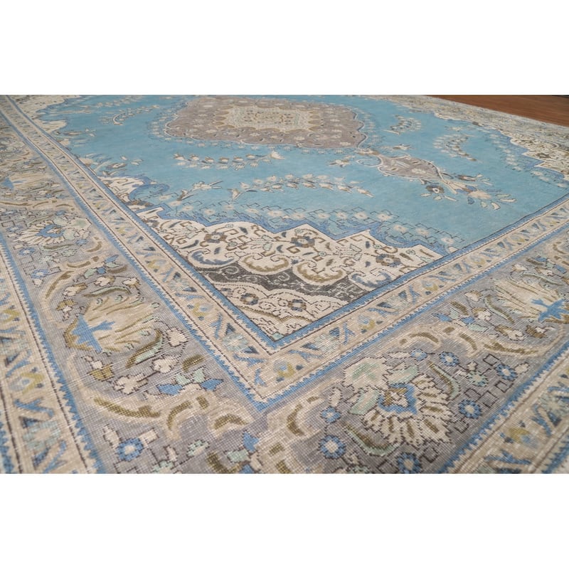 Light Blue Medallion Tabriz Persian Area Rug Hand-Knotted Wool Carpet - 9'10"x 12'10"