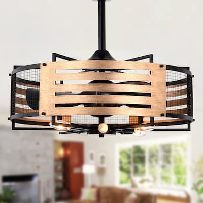 Brixton 26-in. Matte Black Metal and Wood-grain Lighted Fandelier w/ Remote
