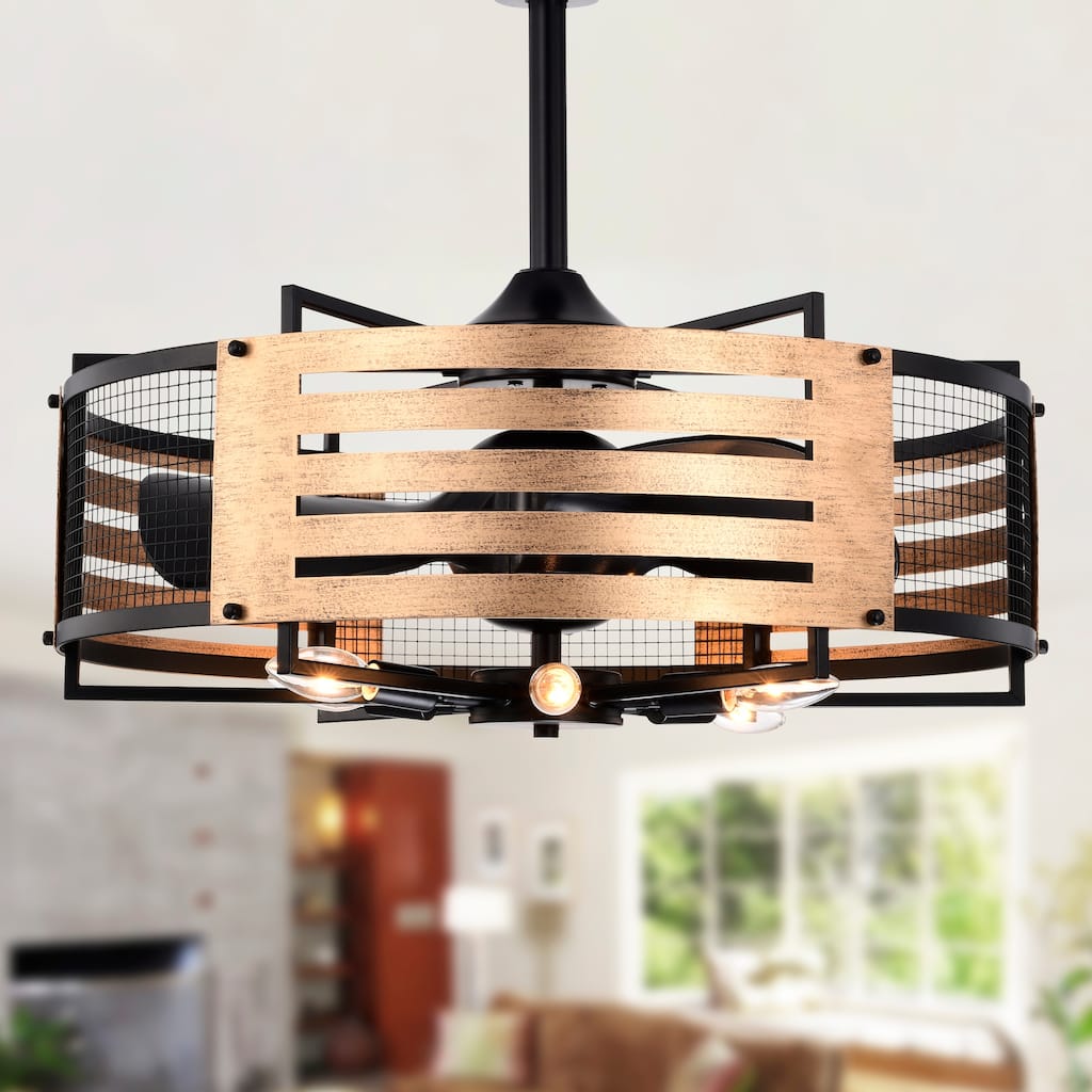 Brixton 26-in. Matte Black Metal and Wood-grain Lighted Fandelier w/ Remote