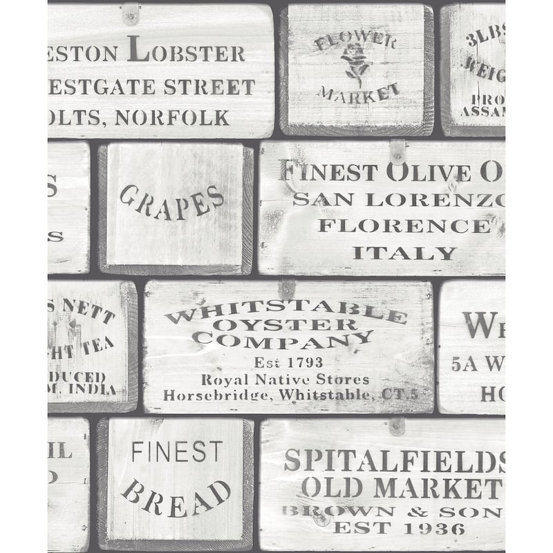 Galerie Wallcoverings Kitchen Food Label Boxes Vinyl on Non-woven Matte Wallpaper Roll - 33 feet x 21 inches - Grey
