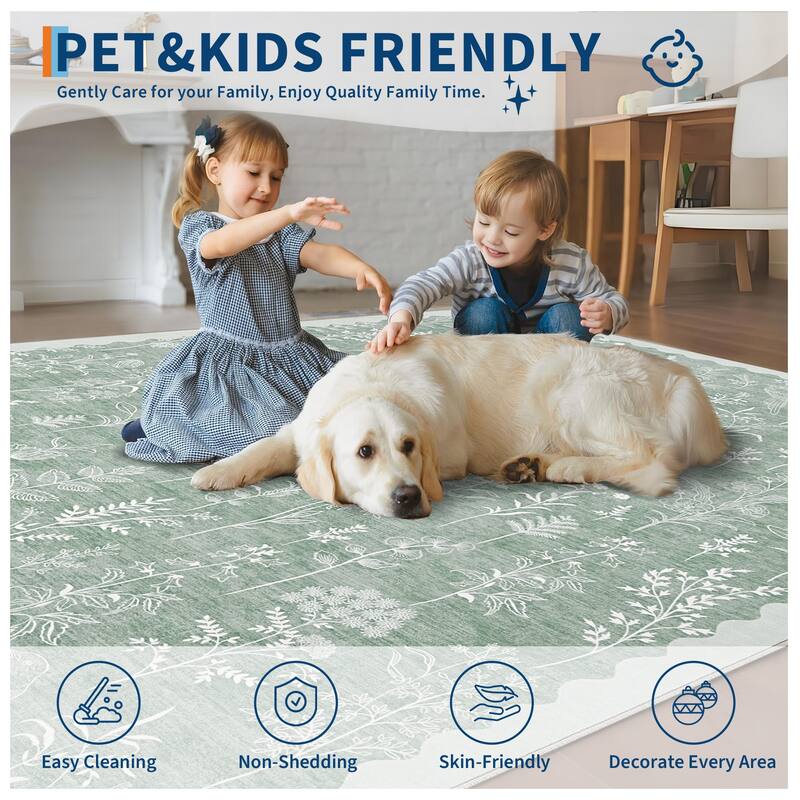 Botanical Washable Area Rug Modern Bird Pattern Rug Soft Non-Slip Low Pile Rugs for Living Room Bedroom