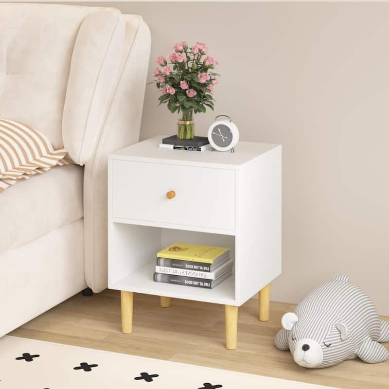 Wooden Nightstand with Drawer, Chair Side End Table with Wooden Legs, Couch Side Table with Open Storage Shelf