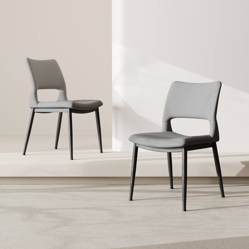Modern minimalist grey PU leather Dining Chairs Set of 2, comfortable backrest design, metal leg support