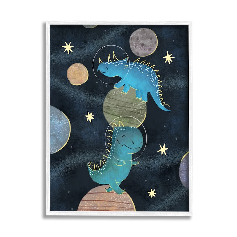 Stupell Galactic Dinosaur Astronauts Outer Space Planets Framed Wall Art - Blue - 16 x 20 - White