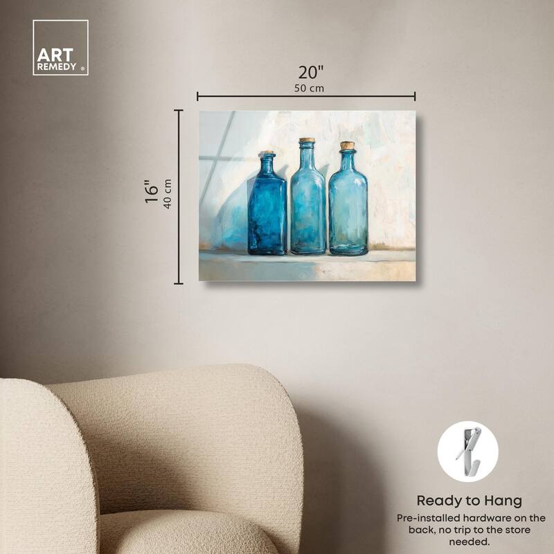 Three Blue Bottles Acrylic by Art Remedy, Ready to Hang