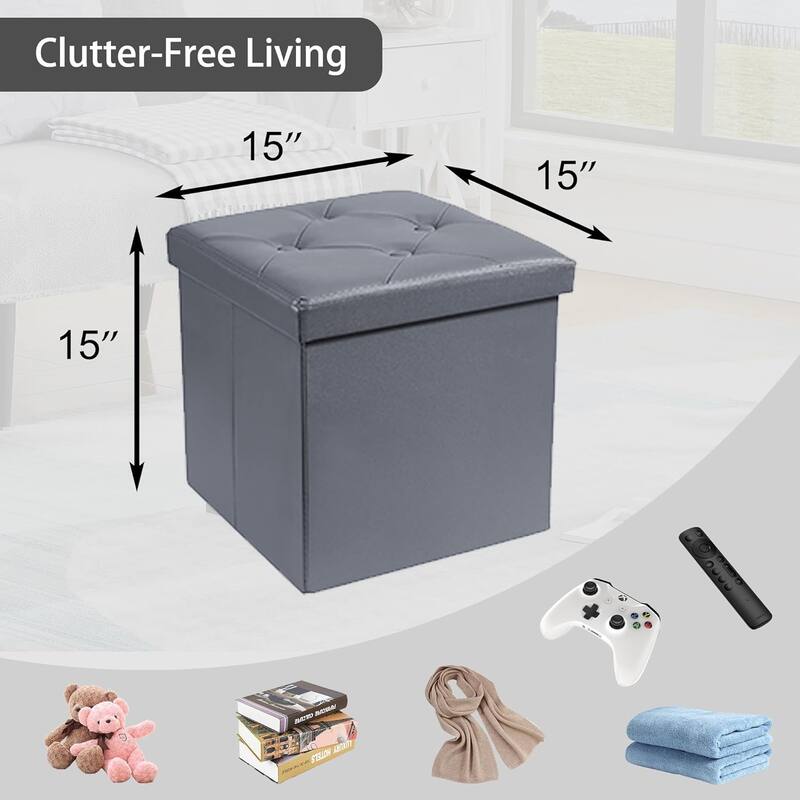VECELO Folding Storage Ottoman, Bedroom Storage Bench, Versatile Footrest Footstool Tufted Faux Leather Chest for Living Room