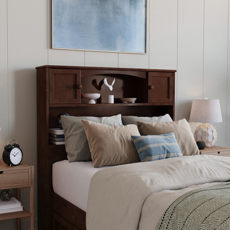Twin Size Solid Wood Bookcase Headboard with Built-In Storage Shelves, Walnut Finish for Compact Bedrooms