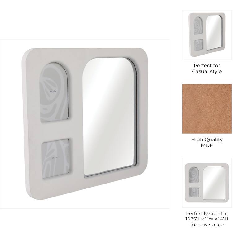 Wood Glass Frame Mirror and 2 Photos Collage Textured - 14" Ivory