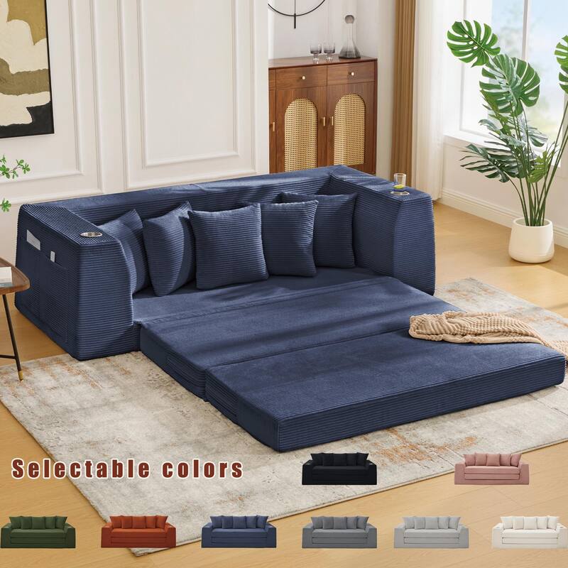 2 in 1 Convertible Sofa Bed, Sleeper Sofa with Storage Pockets, Pull Out Loveseat Couch with Two Cup Holders - Blue