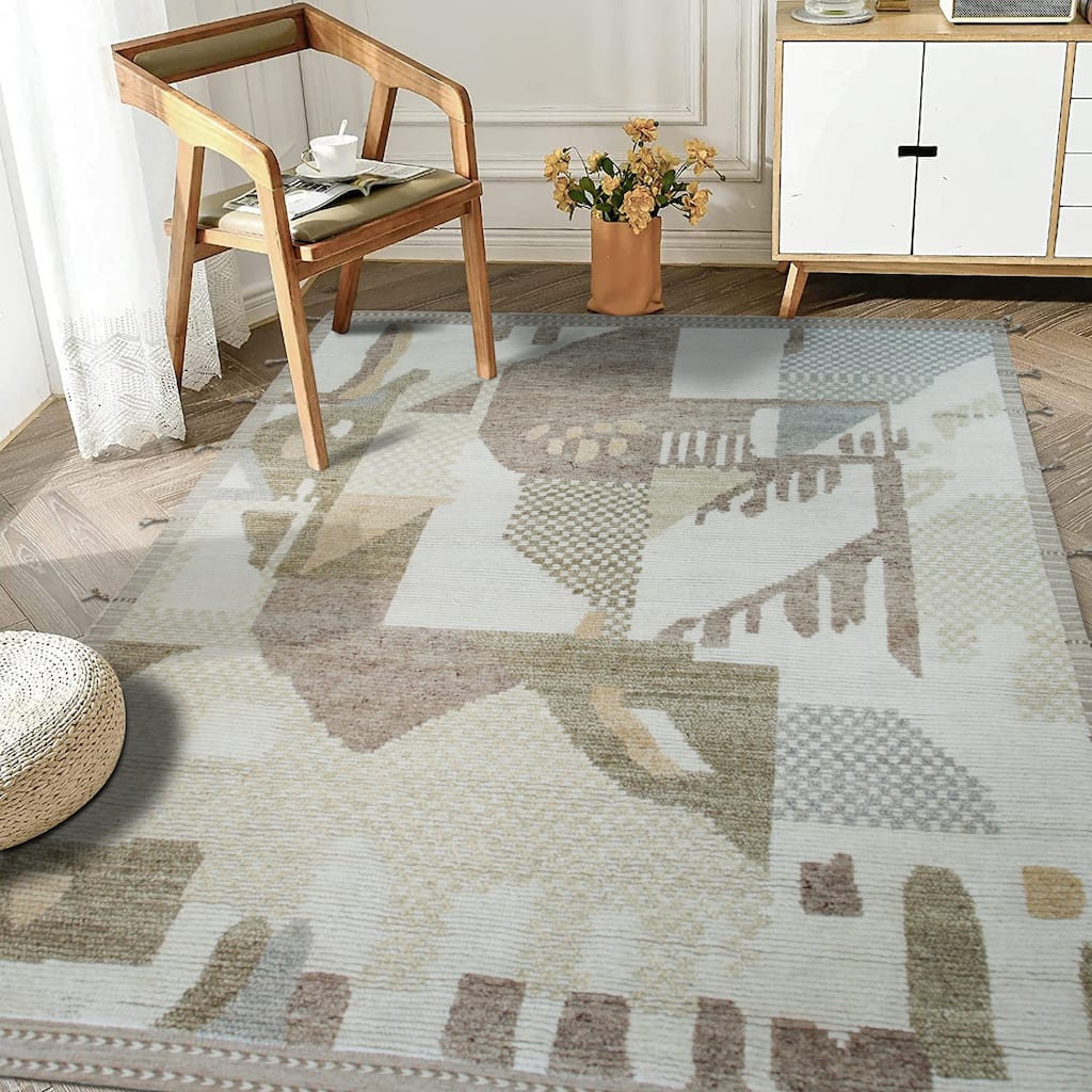 Multicolored Modern Contemporary Hand Spun Wool Area Rug, Elegant Handcrafted Texture for Bedrooms or Living Rooms - L