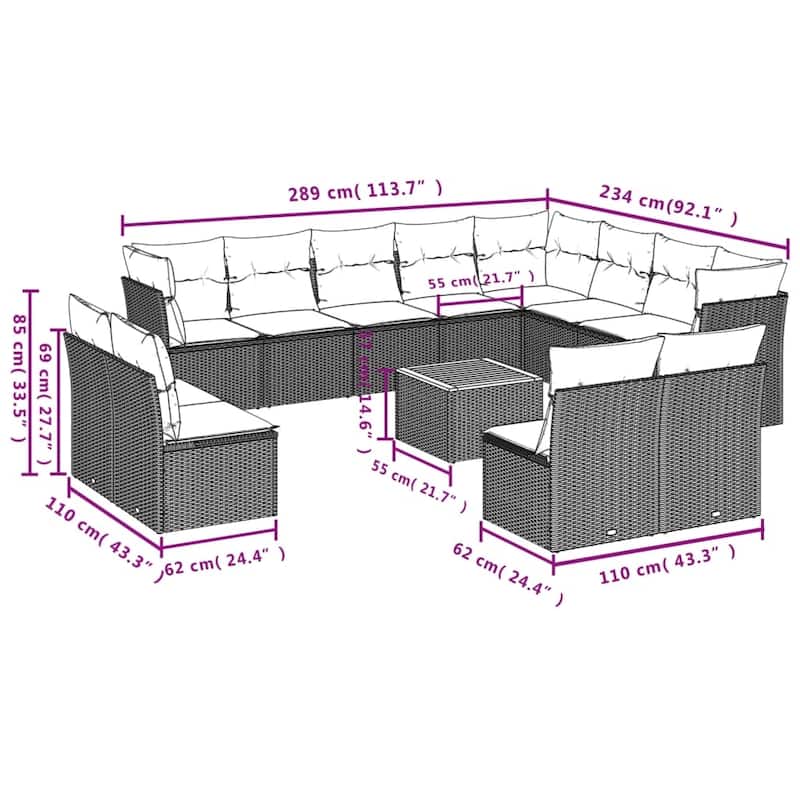 vidaXL 13 Piece Patio Sofa Set with Cushions Black Poly Rattan - 24.4 x 24.4 x 27.2