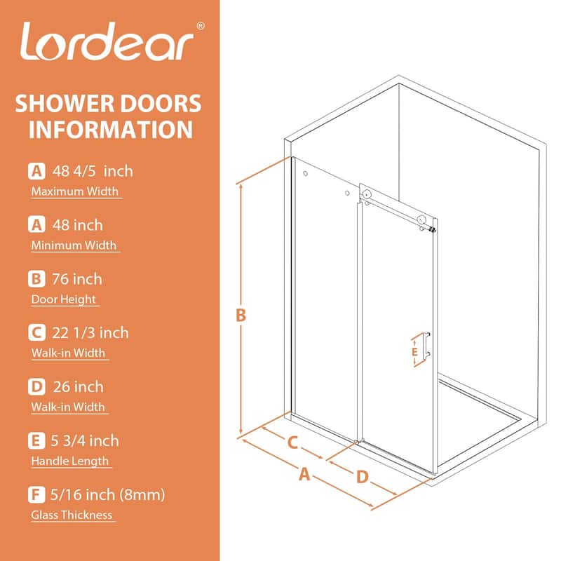Lordear 48" x 76" Glass Shower Door Aluminum Semi-Frameless Single Sliding Adjustable Shower Enclosure - 48 in.W x 76 in H.