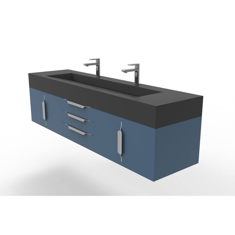 Nile 72" Wall Mounted Bathroom Vanity Set w/ Black Top