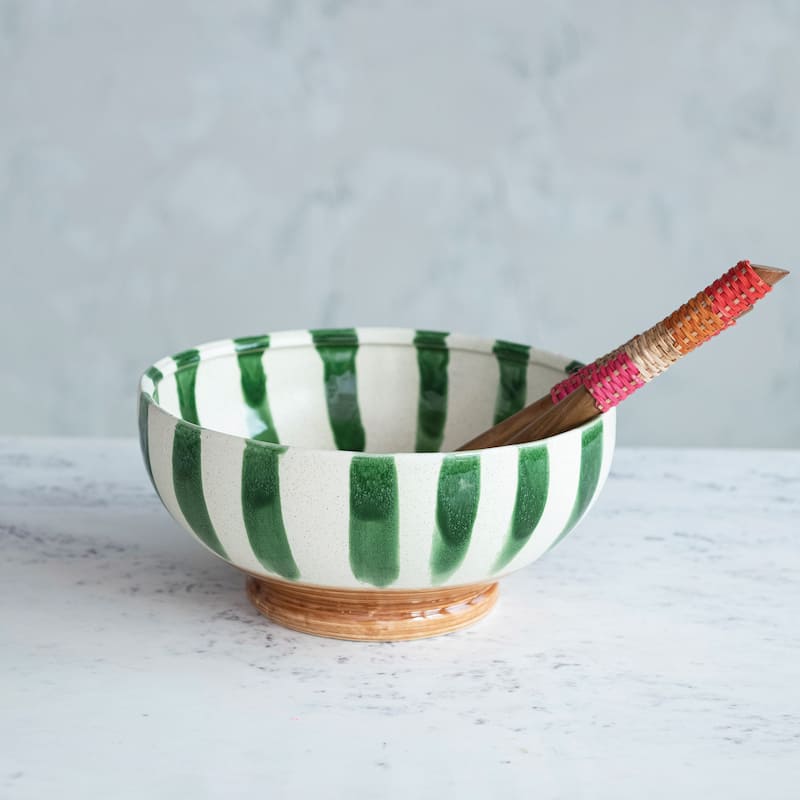 Hand-Painted Stoneware Footed Bowl with Stripes - 10.4"L x 10.4"W x 4.9"H - 10.4"L x 10.4"W x 4.9"H