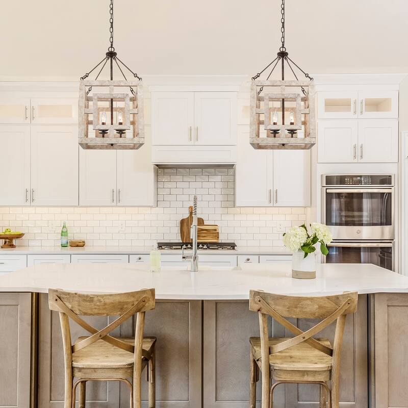 Duull Farmhouse 4-Light Wood Rustic Square Chandelier for Kitchen Island - 14" L x 14" W x 26" H